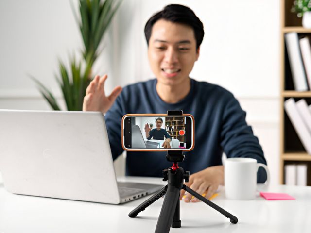 Ilustrasi konten kreator menggunakan smartphone sebagai alat utama pembuatan konten.